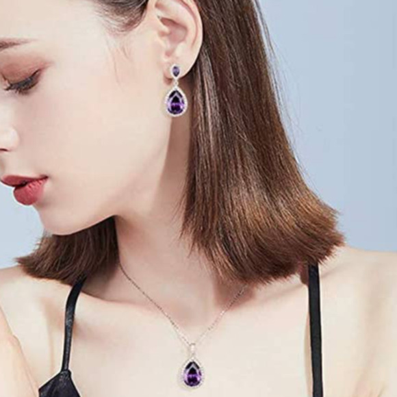 18k Plated Amethyst Teardrop CZ Crystal Cubic Zircon Rhinestone Necklace Earring - Picture 5 of 6